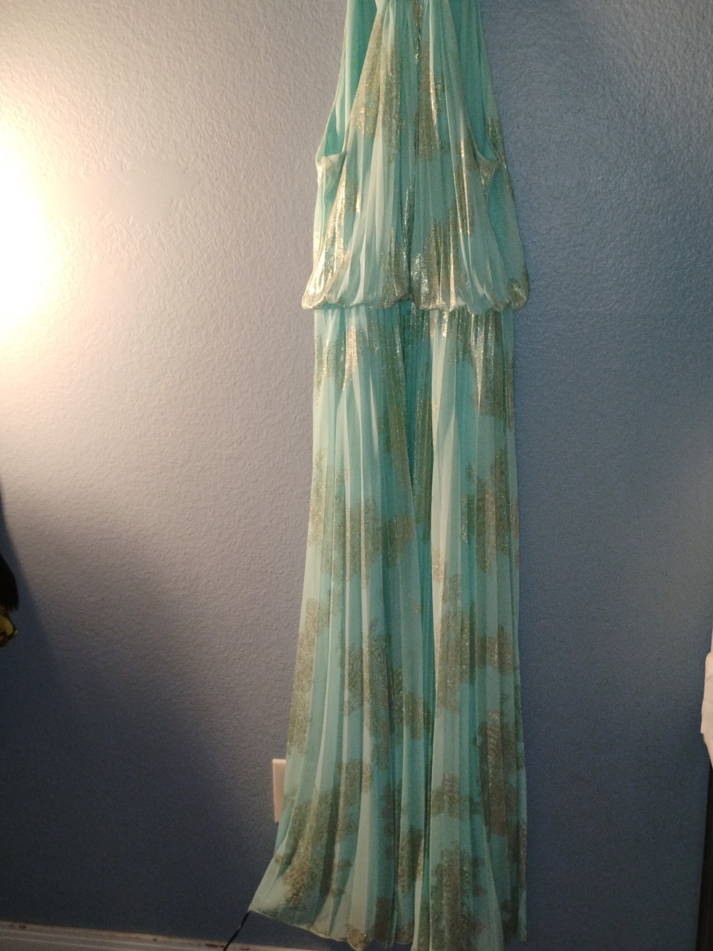 Aqua Halter Pleated Maxi Dress with Gold Foil Detail - Picture 2 of 5